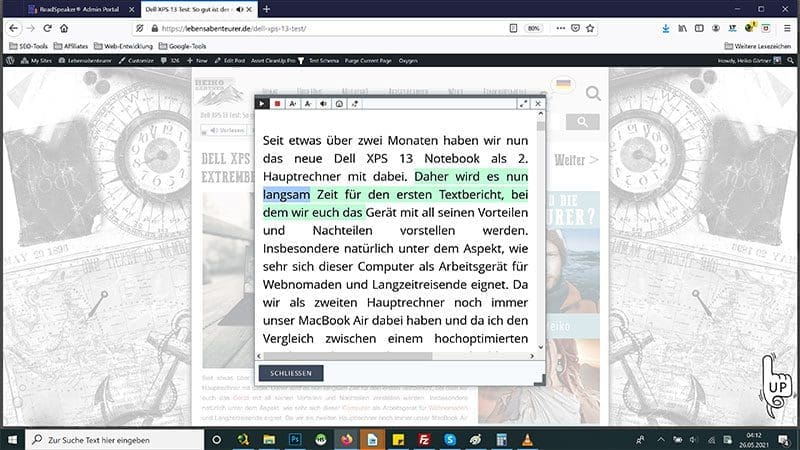 Im ReadSpeaker Lesefenster kann man den Text beliebig vergrößern und Farbig hinterlegen